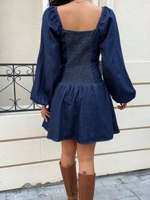 Siren Gaze 女士休闲甜心领灯笼袖牛仔连衣裙，秋季 - 深色水洗藍 - 查看 3