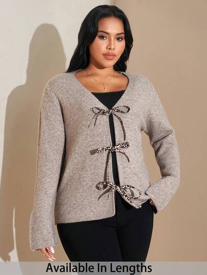 SHEIN Tall CURVE Plus Size Leopard Print Tie Front Cardigan, Casual Resort Wear Winter Clothes Women Leopard Fall Clothes For Women Western Wear Women Winter 2000s Style Old Money Style Women Going Out Office Teacher Clothes Autumn Plus Size Cardigan Cardigan Plus Size Curve Cardigan Plus Size Sweater