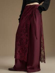 Ontre 女士系带侧裙，都市通勤商务休闲装，办公着装，教师制服，优雅风格，新年装扮 - 酒紅色 - 查看 5