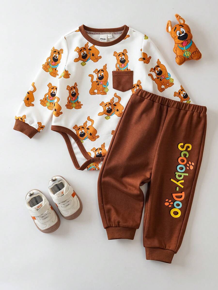 SCOOBY-DOO X SHEIN 2件套男婴可爱卡通小狗印花圆领长袖针织连体衣和字母图案针织休闲运动裤套装 - 棕色 - 查看 1