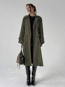 Aloruh Áo khoác trench coat cổ ve lật tay dài hai hàng khuy trơn màu dành cho nữ mùa thu/đông - màu xanh lá - Xem 7