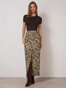 COSMINA 女士高腰斑马纹开衩长款牛仔裙 - 彩色 - 查看 3