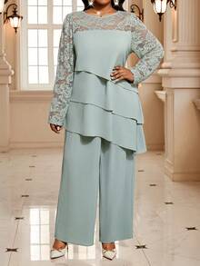 SHEIN Lady New Year Elegant Thanksgiving New Year Elegant Women's Set Plus Size Elegant Commuter Solid Color Lace Patchwork Asymmetric Hem Shirt & Pants 2 Pieces Set - Multicolor - View 3