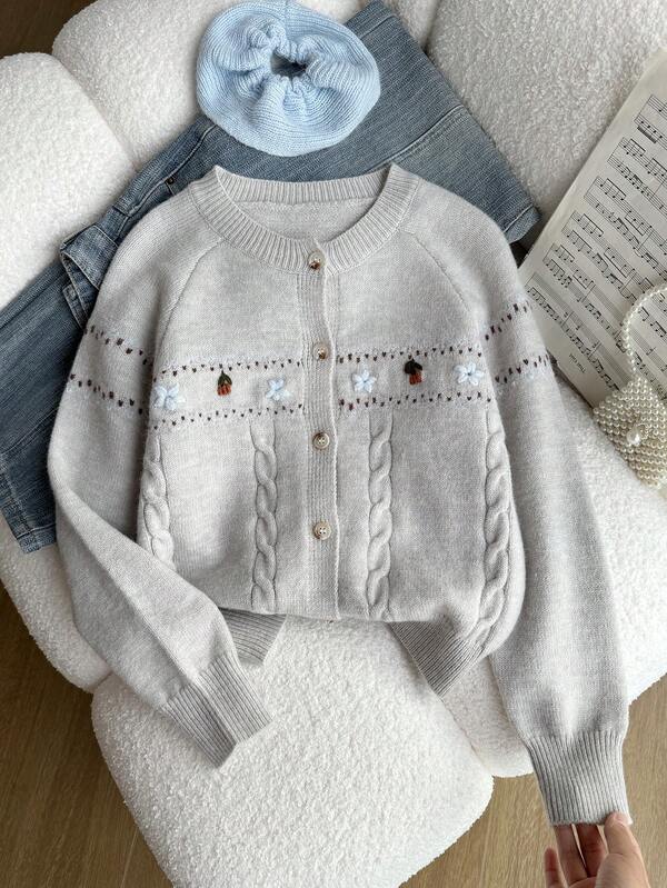 Genkimix Kids เสื้อคาร์ดิแกนปักลายดอกไม้สำหรับเด็กผู้หญิง, ลำลองสำหรับฤดูใบไม้ร่วง/ฤดูหนาว