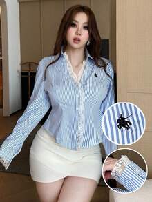 Flirla Early Spring Casual Striped Embroidered Horse Lace Ruffle Waist Women Shirt