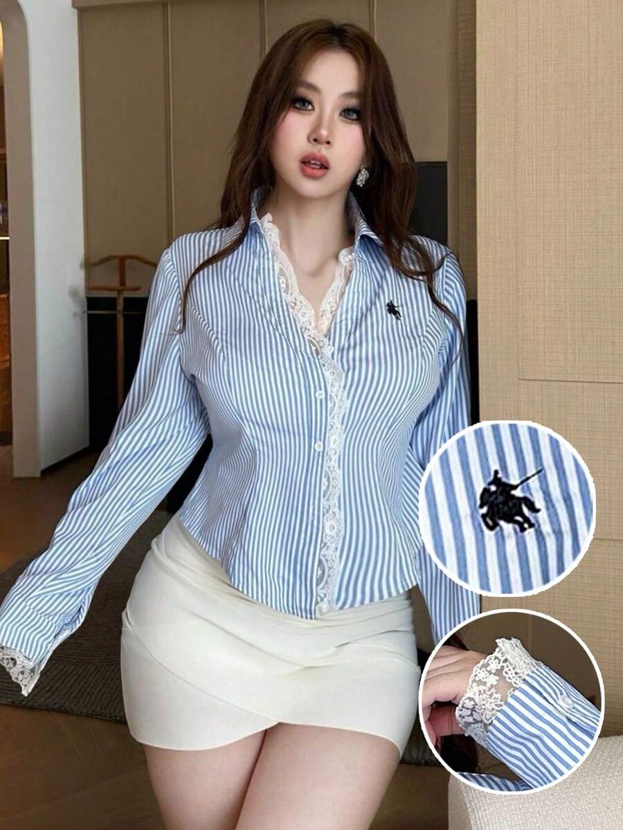 Flirla Early Spring Casual Striped Embroidered Horse Lace Ruffle Waist Women Shirt