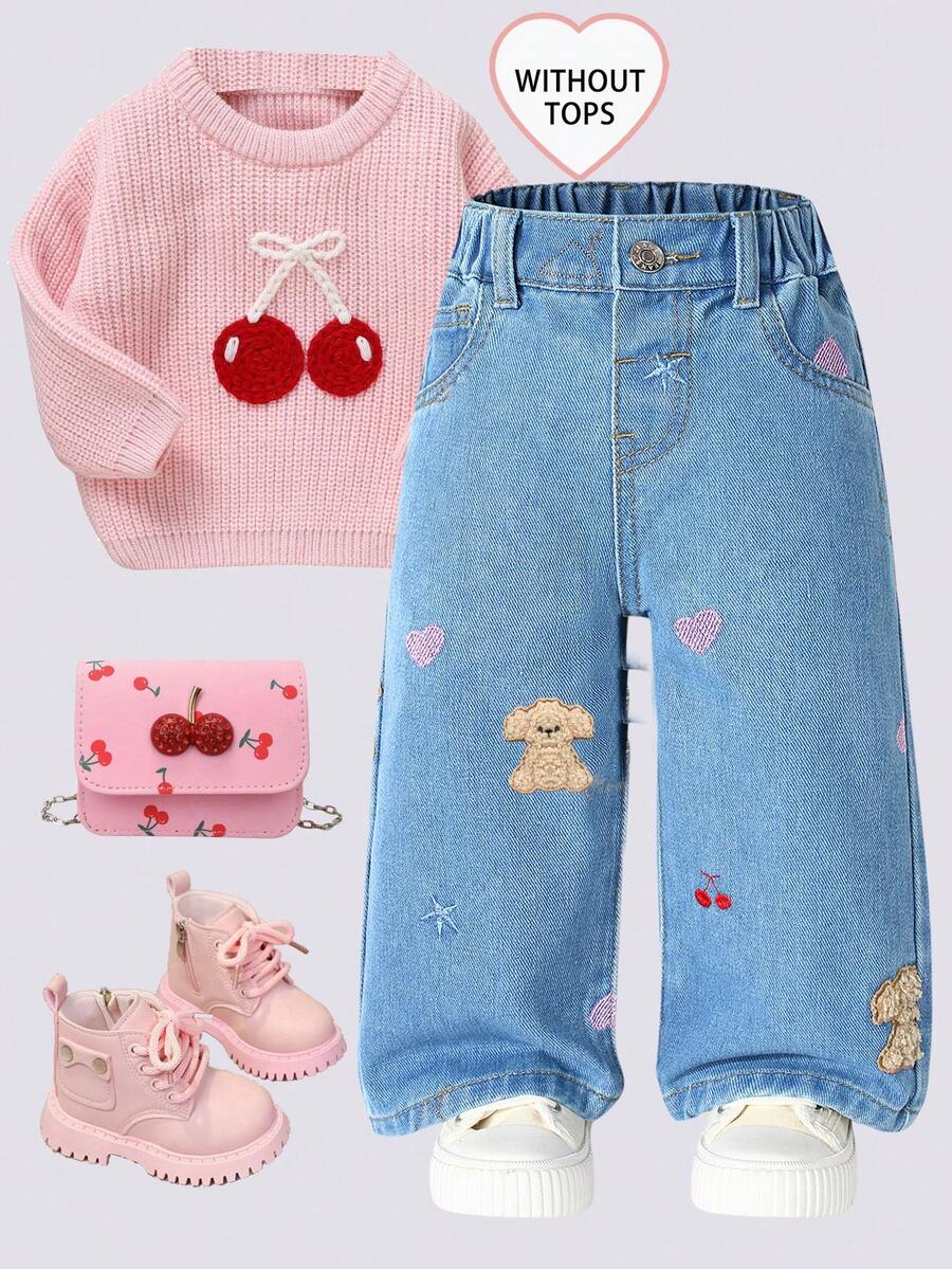 SHEIN Playful Pals 秋冬新款女婴阔腿牛仔裤。可爱爱心刺绣直筒牛仔裤,复古做旧黑色,黑灰色Y2K学院风街头休闲可爱复古风,刺绣爱心图案 - 中等水洗藍 - 查看 1