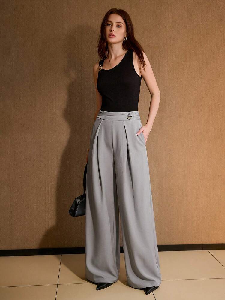 BUTTON DECOR FOLD PLEATED WAIST GRAY PANTS