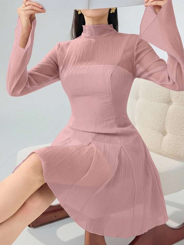 Heiryn Women's Solid Color Stand Collar Raglan Flare Sleeve Ruched Waist Elegant Mini Dress - Pink - View 1