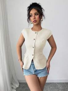 Selianne Women's Round Neck Cap Sleeve Fitted Vest Shirt - Apricot - View 4