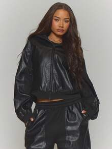 MUSERA 拉链式仿皮连帽飞行员夹克，冬季街头风，酷炫夜生活日常性感春季必备 - 黑色 - 查看 1
