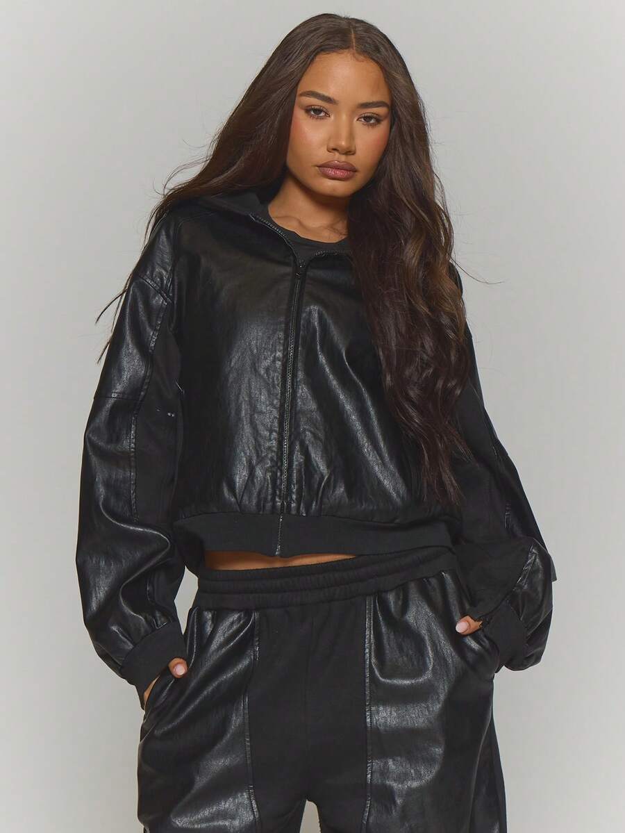 MUSERA 拉链式仿皮连帽飞行员夹克，冬季街头风，酷炫夜生活日常性感春季必备 - 黑色 - 查看 1