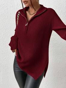 SHEIN Frenchy Áo len đen hạt kéo khóa nửa vai, áo dài tay cho mùa thu/đông - Đỏ - Xem 3