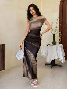 EastFlair 女士时尚通勤扎染印花不对称领连衣裙 - 彩色 - 查看 2