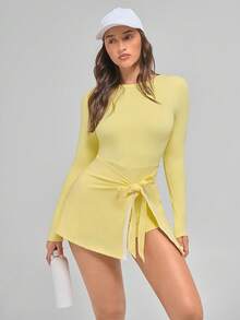 Menodora SHEIN Sport 女士拼色饰边系带裹身连衣裙 - 黃色 - 查看 4