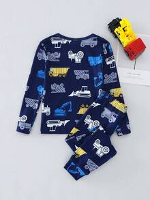 Set pijamale 2 buc Young Boy cu imprimeu grafic de Halloween cu mașina dovleac și colanți cu mânecă lungă - Albastru regal - Vizualizare 2