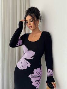 Elenzga Gaun Sweater Bodycon Rajut Jacquard Leher Persegi - Mauve Purple - View 6