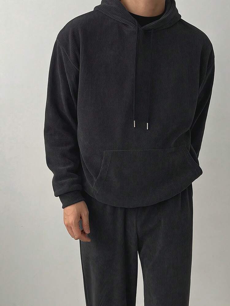 Men's Solid Navy Blue Thick Hoodie Set, Autumn/Winter