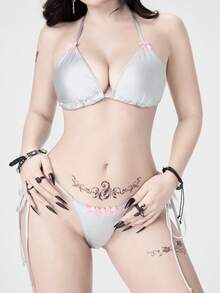 ROMWE Grunge Punk Conjunto de lencería con cordones de estilo oscuro y punk para festivales de música de la mujer - Plateado - Ver 1