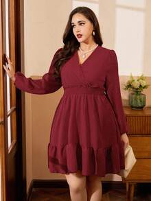 SHEIN Clasi Plus Size Solid Color Cross Shirred Puff Sleeve Ruffle Hem Cinched Waist A-Line Dress - Red - View 5