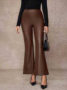 Amorya Quần ống rộng màu nâu cà phê PU cao cấp thanh lịch dành cho nữ, phù hợp mặc hàng ngày trong nhiều dịp, mùa thu - Cà phê nâu - Xem 3