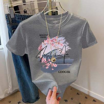 女性用カジュアル 桜プリント 半袖 ラウンドネック Tシャツ、夏