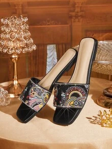 CUCCOO TILAWA Women's Black Print Rhinestone Embellished Flat Sandals For Christmas - Black - View 2