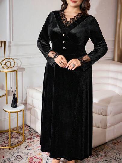 Modelyn Plus Size Women Velvet Lace Collar Long Dress, Autumn/Winter