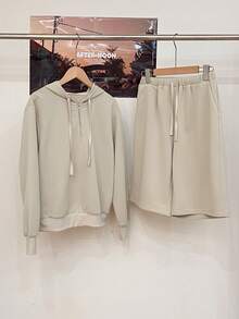 Franclia Women's Solid Color Long Sleeve Drawstring Hooded Sweatshirt And Shorts Casual 2-Piece Set, Autumn - Apricot - View 4