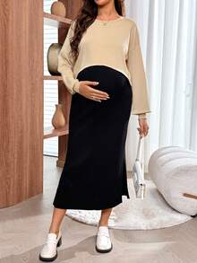 SHEIN 孕妇休闲日常通勤宽松插肩毛衣和可调节腰围毛衣裙套装，秋冬季 - 彩色 - 查看 6