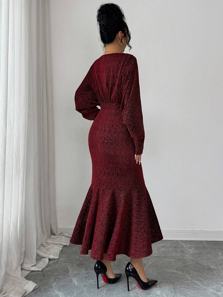 Elegant Solid Color V-Neck Belted Dress For Women, Autumn