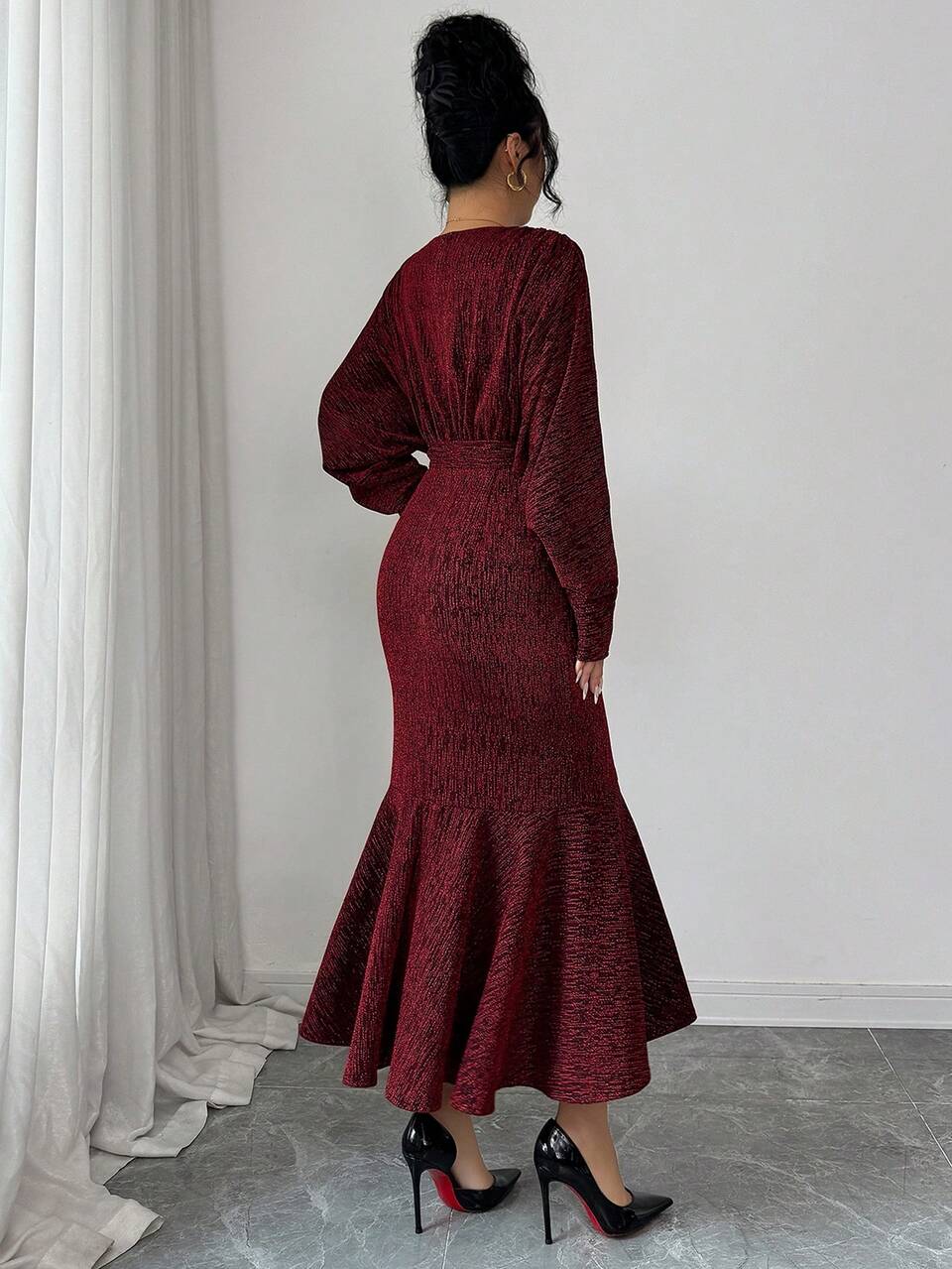 Elegant Solid Color V-Neck Belted Dress For Women, Autumn