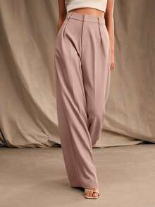 Anewsta Petite Quần ống đứng màu trơn có túi xếp ly thời trang thanh lịch, size nhỏ - Hồng - Xem 1