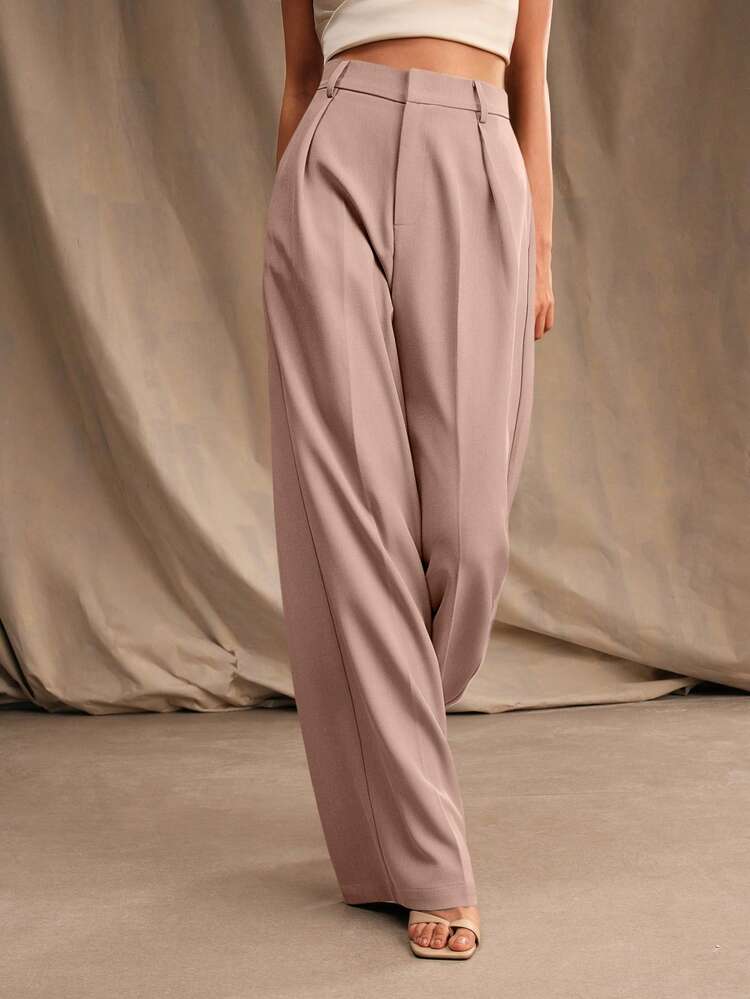 Pantalon droit à plis élégant et mode, de couleur unie, avec poches, taille petite