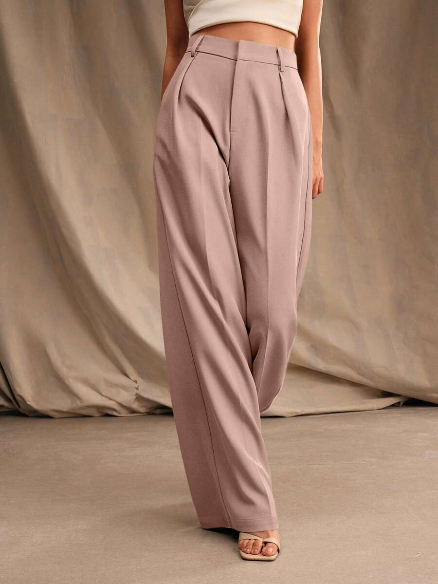 Anewsta Petite Quần ống đứng màu trơn có túi xếp ly thời trang thanh lịch, size nhỏ - Hồng - Xem 1