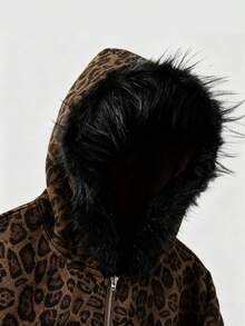 ROMWE MEN Street Life 复古韩流美式豹纹拉链连帽卫衣，长袖上衣 - 巧克力棕 - 查看 3