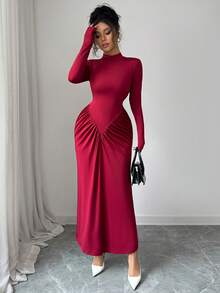 SHEIN Elenzya Autumn/Winter New French Elegant Stand Collar Ruched Fitted Bodycon Cocktail Dress, Sophisticated Design, Suitable For Formal Occasions - Burgundy - View 2
