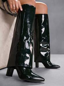 CUCCOO SZL 女式户外尖头粗高跟鞋黑色 PU 光面材质时尚简约日常和派对侧拉链靴 - 黑色 - 查看 9