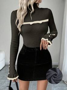 SHEIN LUNE Sweater Rajut Lengan Panjang Wanita Model Turtleneck dengan Kancing dan Rumbai, Dilengkapi Pita dan Lapisan Termal yang Pas di Badan - Dark Grey - View 4
