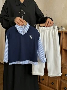 SHEIN 3 Stücke/Set Kleine Jungen Lässig Schulstil Langarm Hemd + ärmellose Weste + Hose mit Gummibund Outfit, geeignet für Herbst/Winter - Verschiedenfarbig - Übersicht 3