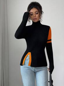 Selianne 女士时尚通勤高领黑色拼接绿色下摆开衩撞色套头毛衣，圣诞节、新年、感恩节礼物 - 橘色 - 查看 3