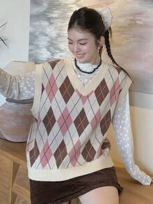 Dazy Plus Contrast Color Patchwork Diamond Pattern V-Neck Sleeveless Casual Plus Size Women Knit Vest, Autumn/Winter - Pink - View 4