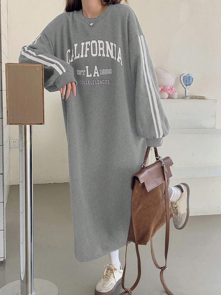 Women's Solid Color Fleece Casual Loose Long Sleeve Printed Mid-Length Dress