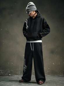 AXEPEAK Men's Autumn And Winter 2 Pieces Sweatshirt Set With English Letters Embroidered Towel And Drawstring Design - Black - View 7