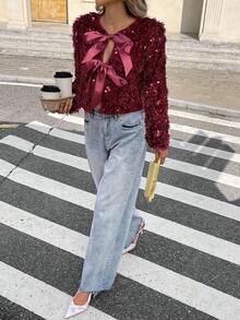 Serisse 女式红色系带长袖亮片夹克 - 酒紅色 - 查看 6