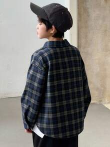 Dazy Kids Tween Boys' Loose Casual Plaid Shirt, Autumn - Navy Blue - View 3