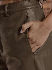 MUSERA 仿皮阔腿中腰裤 性感外出夜游可爱街头风情人节裤 - 棕色 - 查看 4