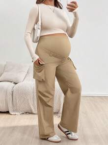 SHEIN 孕妇纯色翻盖口袋直筒工装裤