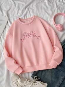 SHEIN 粉色少女运动衫，带刺绣蝴蝶结，保暖内衬 - 粉色 - 查看 1