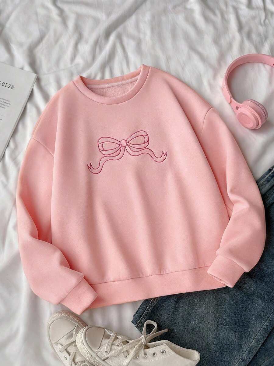 SHEIN 粉色少女运动衫,带刺绣蝴蝶结,保暖内衬 - 粉色 - 查看 1